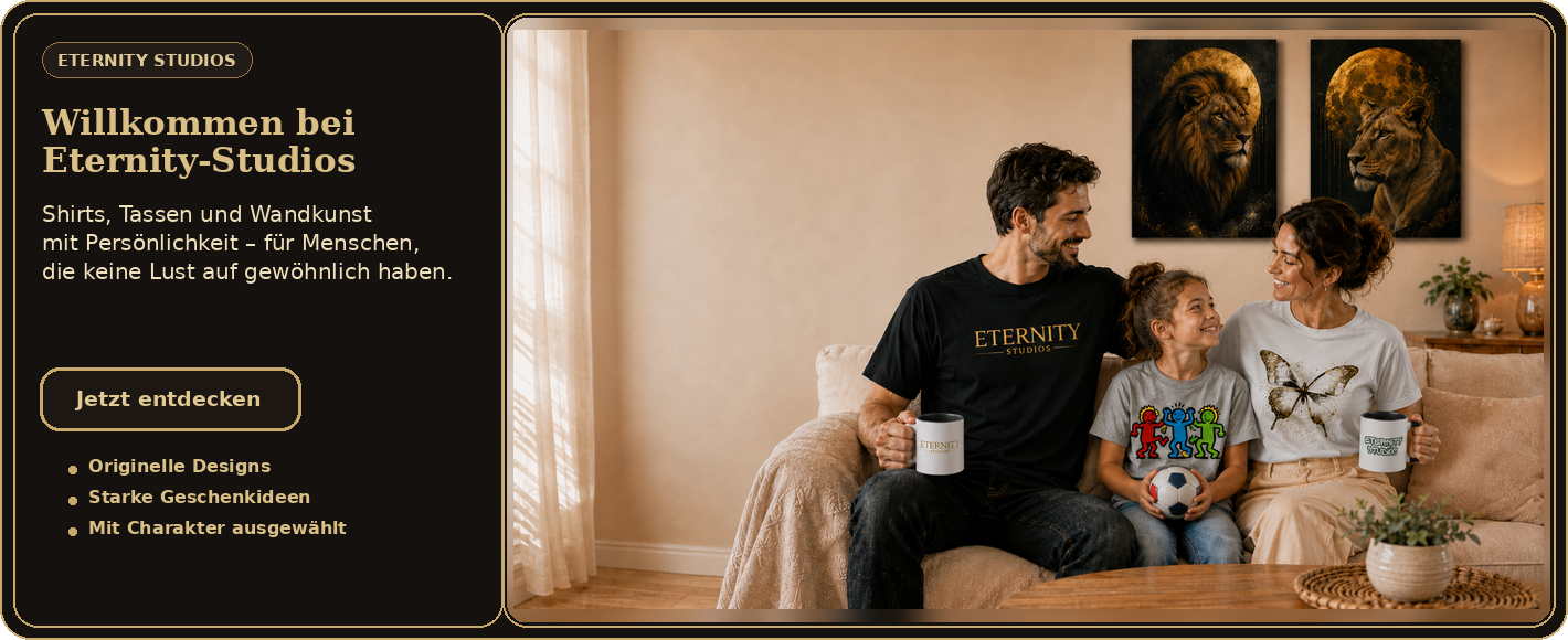 Eternity Studios Banner mit Shirts, Tassen und Wandkunst